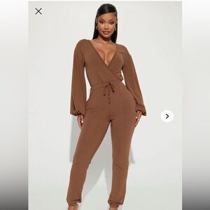 Fashion Nova Deep V-Neck Brown Jumpsuit